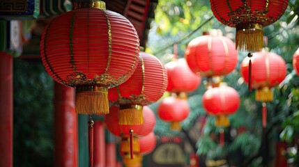Red Chinese lanterns hanging in a row with green trees in the background.