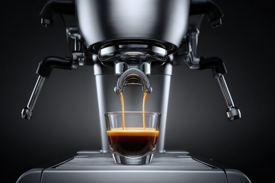 Front view of a modern espresso coffee machine preparing a perfect shot of espresso, showcasing rich crema pouring into a clear glass cup in a contemporary kitchen