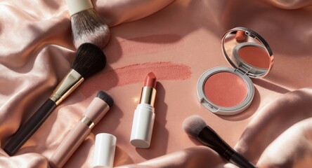 Makeup products arranged on a blush-toned satin surface.  Brushes, lipstick, and blush are visible