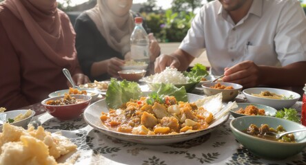 Outdoor family meal.  Diverse group enjoying a communal meal,  dishes of various curries and rice