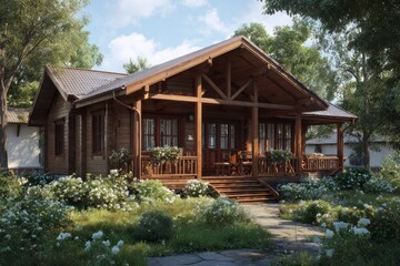 Obraz premium A cozy wooden house features a large terrace and porch, perfect for enjoying nature. Green grass and lovely white flowers enhance the inviting atmosphere on a sunny day