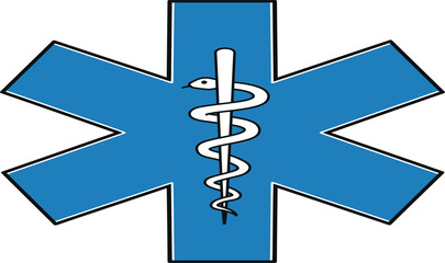 Blue star of life symbol with caduceus medical emblem for emergency services healthcare and paramedicine professional use isolated on transparent background