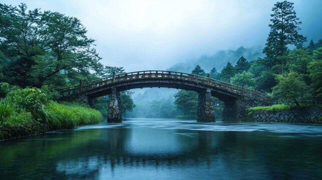 A serene, misty forest landscape with a traditional Japanese bridge spanning a tranquil river, surrounded by lush greenery and towering trees. - Powered by Adobe