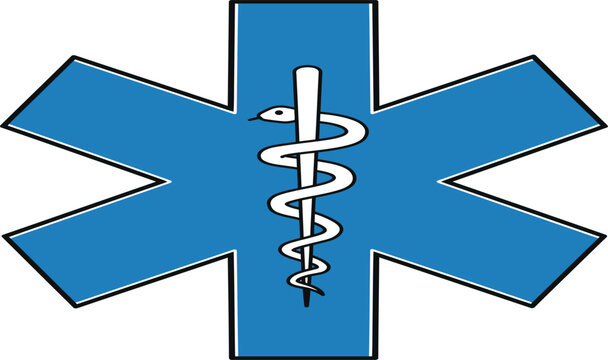 Blue star of life symbol with caduceus medical emblem for emergency services healthcare and paramedicine professional use isolated on transparent background