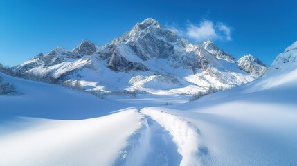 Obraz premium Winter Snow Mountain Scenery: Pure Snowfield, Mountain Path and Blue Sky, Natural Landscape, Outdoor Adventure, Winter Beauty