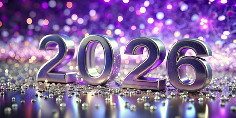 Metallic 2026 numerals on a reflective surface with a bokeh background of purple and silver lights