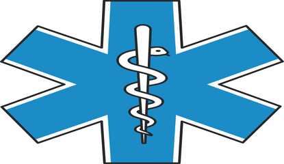 Star of life medical symbol featuring caduceus icon on blue background represents emergency medical services and healthcare isolated on transparent background