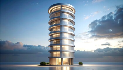 Modern Cylindrical Building at Sunset with Cloudscape and Sky