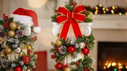 Holiday decor with ornaments, pine cones, and a Santa hat in a home - Powered by Adobe