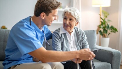 Obraz premium Nursing home staff engage with residents during a joyful activity in the afternoon light