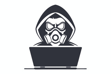 Person in hood and gas mask uses laptop with leaking toxic containers around him