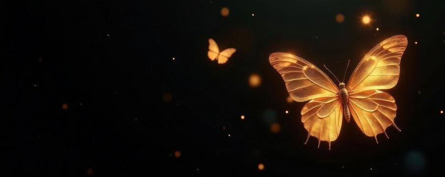 Elegant gold butterflies with soft light glow against a stark black background , black, art