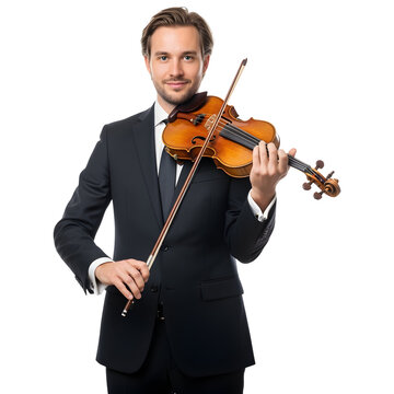 Man in suit plays violin on white or transparent background bow held looking forward