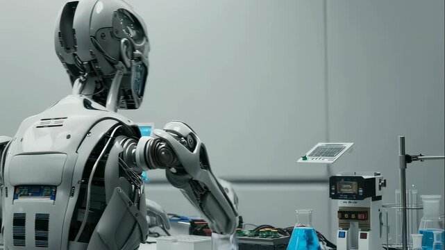 Humanoid robot thinking and performing computer work in a scientific laboratory setting, showcasing artificial intelligence footage.