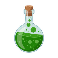 Green potion in glass bottle with cork stopper on transparent background