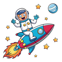 Cheerful astronaut riding a rocket through space with stars and planets Keywords: astronaut, space, rocket