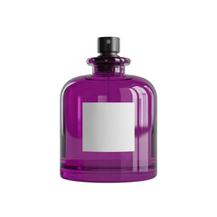 Purple perfume bottle with blank label mockup on transparent background