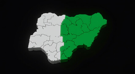 3D rendered map of Nigeria with the national flag colors of green and white on a black background. © Good