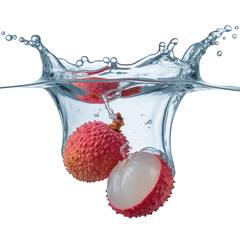 Lychee fruit splashing into clear fresh water on transparent background