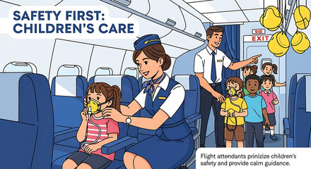 Flight attendant providing emergency care and oxygen mask guidance to a child on an airplane