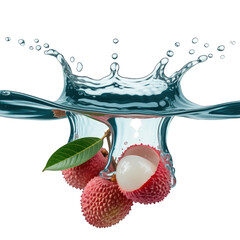 Fresh lychees splashing into clear cool water on transparent background
