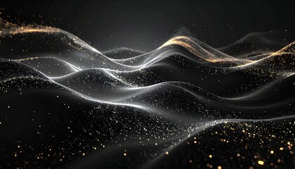 Abstract digital illustration of undulating, glittering particles.  A dark background is layered with shimmering, golden and silver particles forming smooth, wave-like patterns