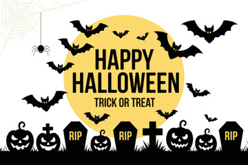 Happy halloween trick or treat with bats, pumpkins, and tombstones isolated on transparent background
