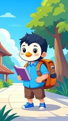 Boy with penguin mask, book, and backpack