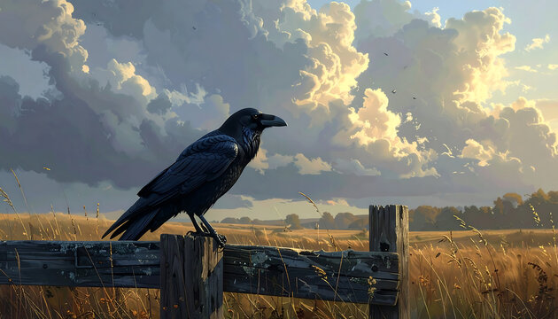 Raven Perched on Rustic Fence.