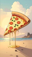 Pizza slice on beach at sunset