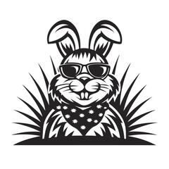 Rabbit wearing sunglasses and bandana emerges from the grass in a monochrome theme