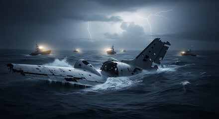 Downed aircraft wreckage half-submerged in a raging ocean, illuminated by a powerful lightning storm, as rescue boats approach the scene
