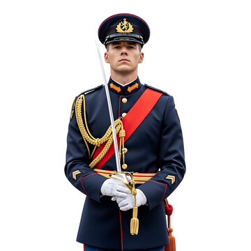 Honor guard in dark blue uniform complete with a gold tassel  sword stands on white or transparent background