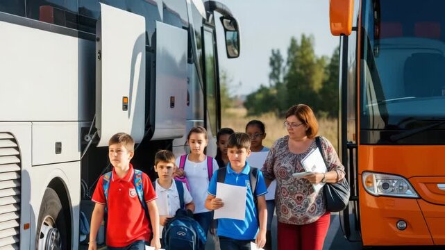 Group of students and teacher exiting a bus on a sunny day after a school trip adventure together