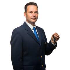 Man in blue uniform holding keys on white or transparent background
