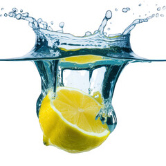 Fresh lemon splashing into clear water vividly on transparent background