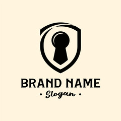Black shield with a keyhole design, representing security, privacy, and access, suitable for a brand logo.