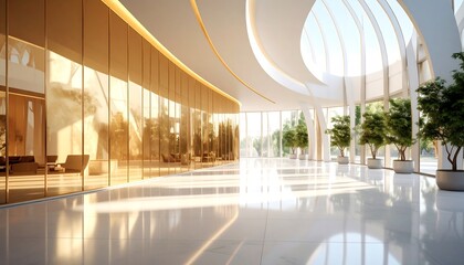 Modern Interior with Glass Walls and Indoor Trees with Bright Sunlight