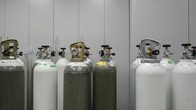 Row of Various Compressed Gas Cylinders in a Secure Storage Room Setting