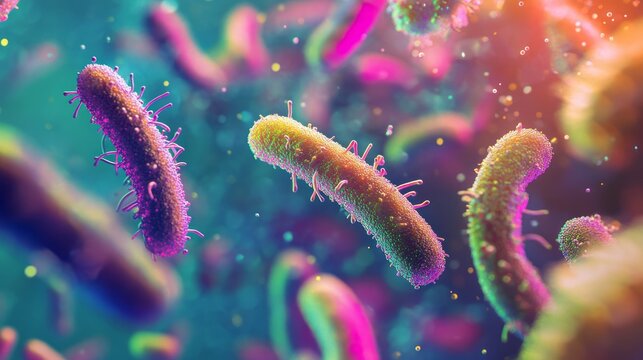 A vivid microscopic view of colorful bacteria reveals intricate structures under scientific study, providing valuable insights complex nature and life functions, and opening new avenues for research