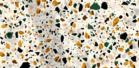 Terrazzo background with flat surface and seamless texture, in white and beige colors with small brown, green, and black stones.