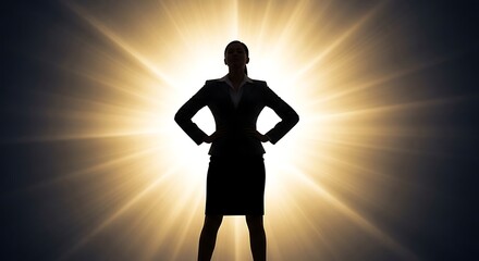 Silhouette of a confident businesswoman standing strong against a bright radiant background.