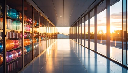 Modern Library Hallway with Colorful Globes at Sunset