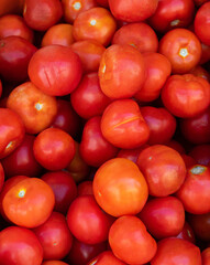 Fresh tomatoes on the grocery store counter.