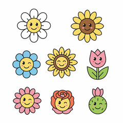 Fototapeta premium Cute kawaii cartoon flower characters with smiling faces icon set. A collection of happy floral emoticons and nature mascots