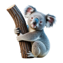 Cute koala bear hugging a tree on transparent background