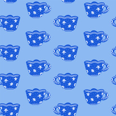 Tea cup seamless pattern, cute blue mug wallpaper for kids, textile, gift wrapping, and kitchen design.