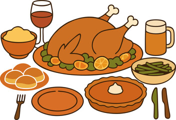 Thanksgiving dinner with roasted turkey and autumn decoration on wooden table in cozy flat cartoon style