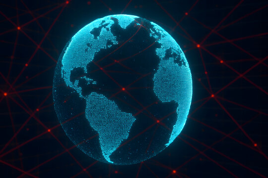 Digital glowing Earth hologram with global network connections. Futuristic technology background showing worldwide communication, internet, data exchange, and cyber connectivity.