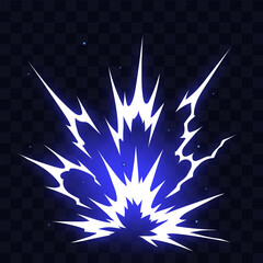 Manga thunder effect builds comic power as energy manga spark bursts outward explosion. Manga thunder flash spreads glowing lines wide with electric strike isolated on transparent background.